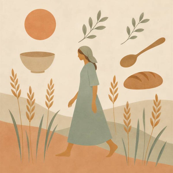 Fields of Simplicity – landelijk keuken schilderij met vrouw, brood en graan