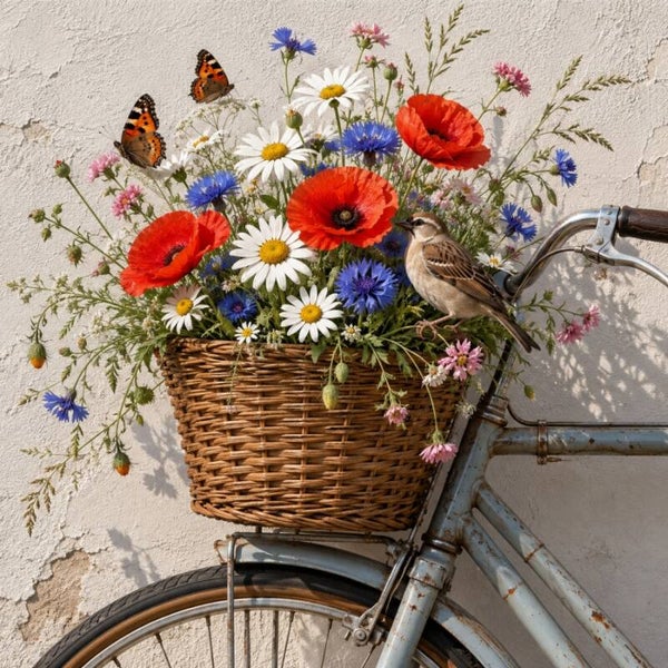 Fiets in bloei – landelijk schilderij met veldbloemen en musje