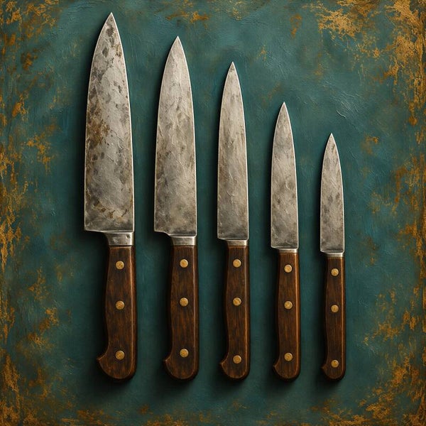 Five Blades – keuken schilderij met vijf messen in petrol en goud