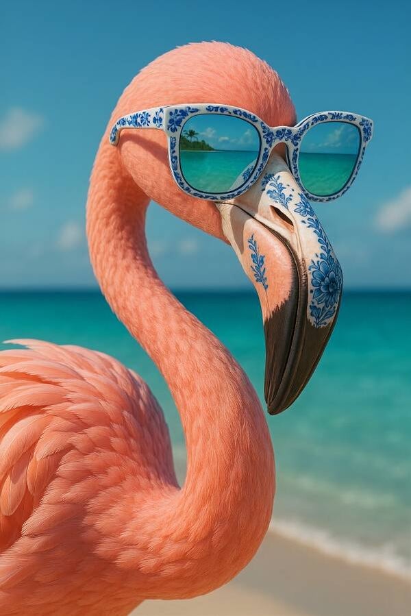 Schilderij flamingo met zonnebril – Delfts blauw kunstwerk