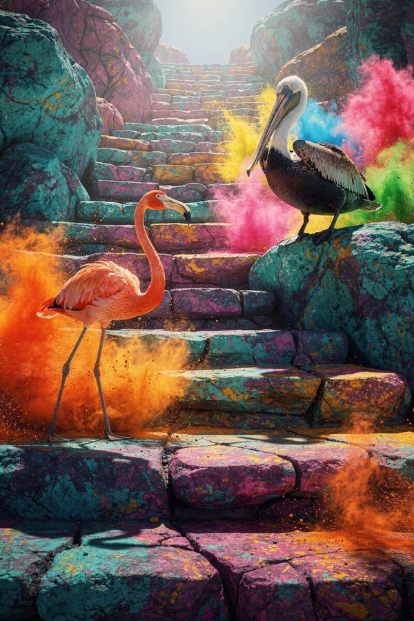 Kleurexplosie op de Trap – schilderij flamingo en pelikaan met kleurpoeder