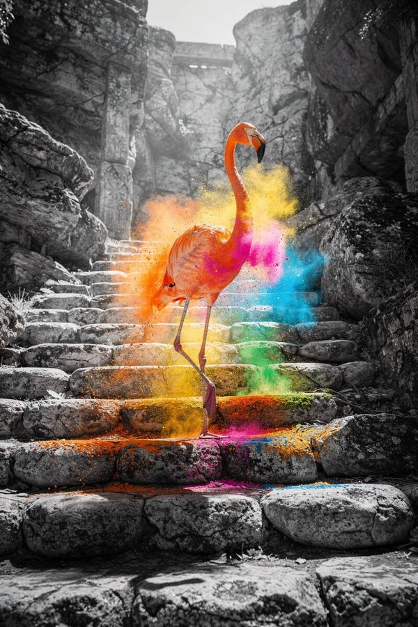 Kleurdoorbraak – schilderij flamingo met kleurpoeder op stenen trap