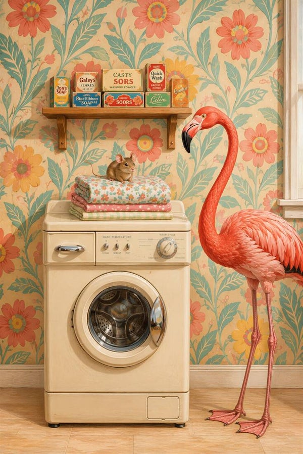 Flamingo bij de Wasdag – schilderij flamingo vintage wasmachine en muis