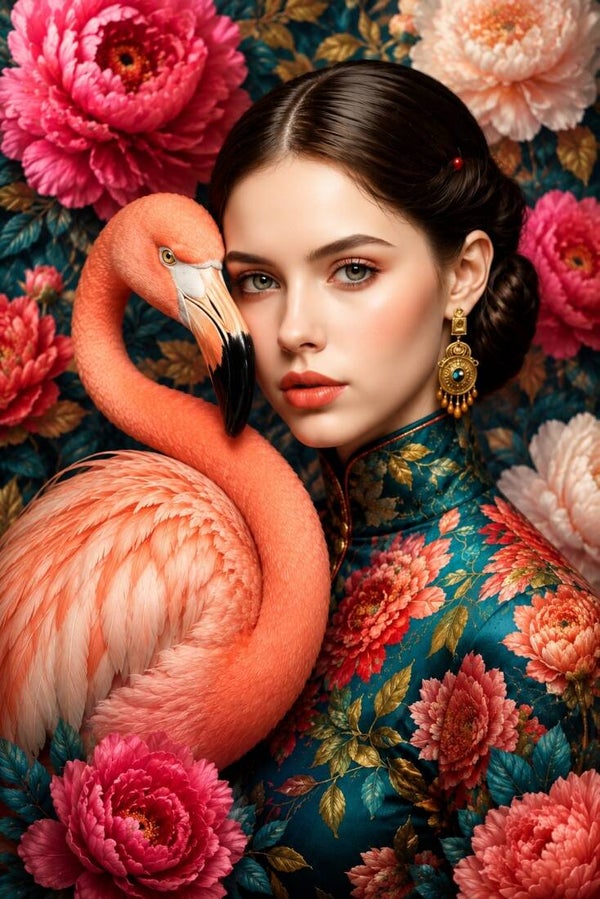 Flamingobloei – vrouw schilderij met flamingo en bloemen