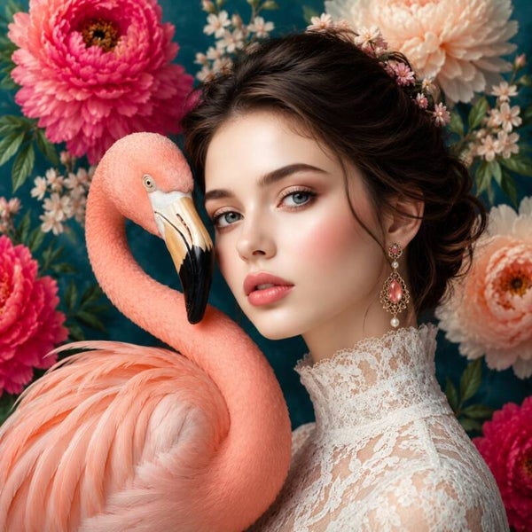 Flamingoromance – vrouw schilderij met flamingo en bloemen