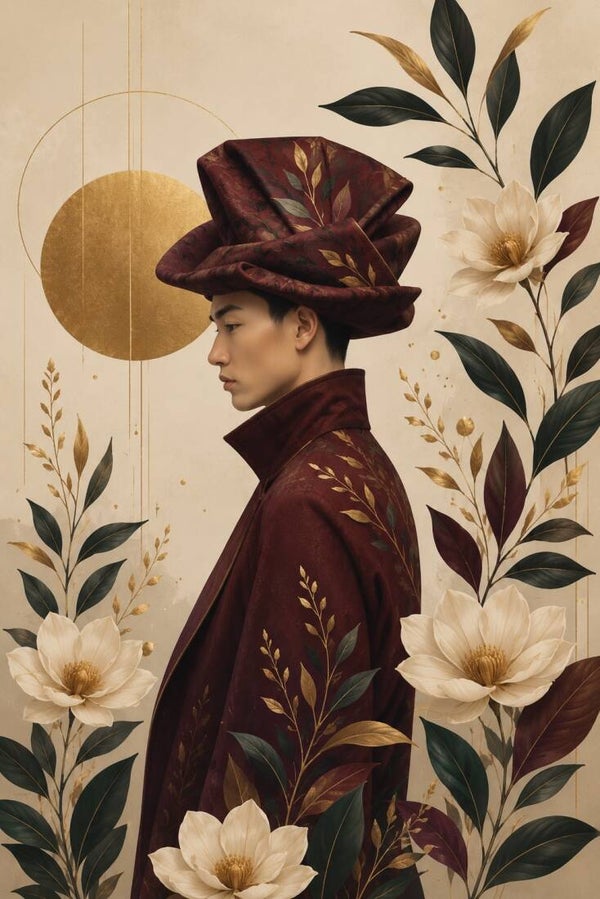 Flora Mystique – Bordeaux Solstice - botanisch man portret met bloemen en bladeren