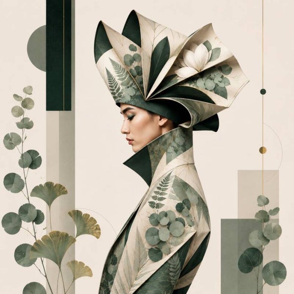 Flora Mystique – Emerald Couture - botanisch vrouw schilderij met bladeren en geometrische vormen