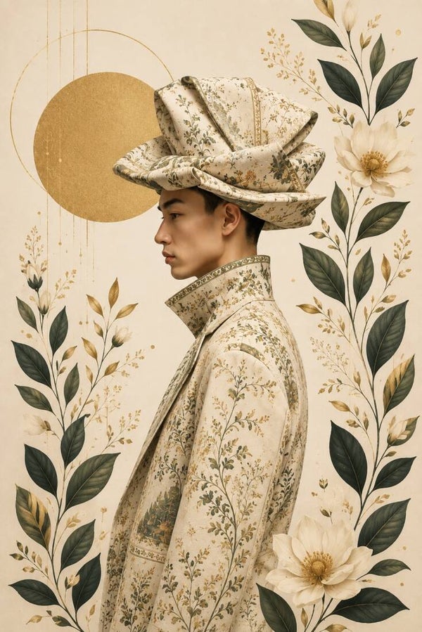 Flora Mystique – Ivory Solstice - botanisch stoer man schilderij met bloemen en bladeren