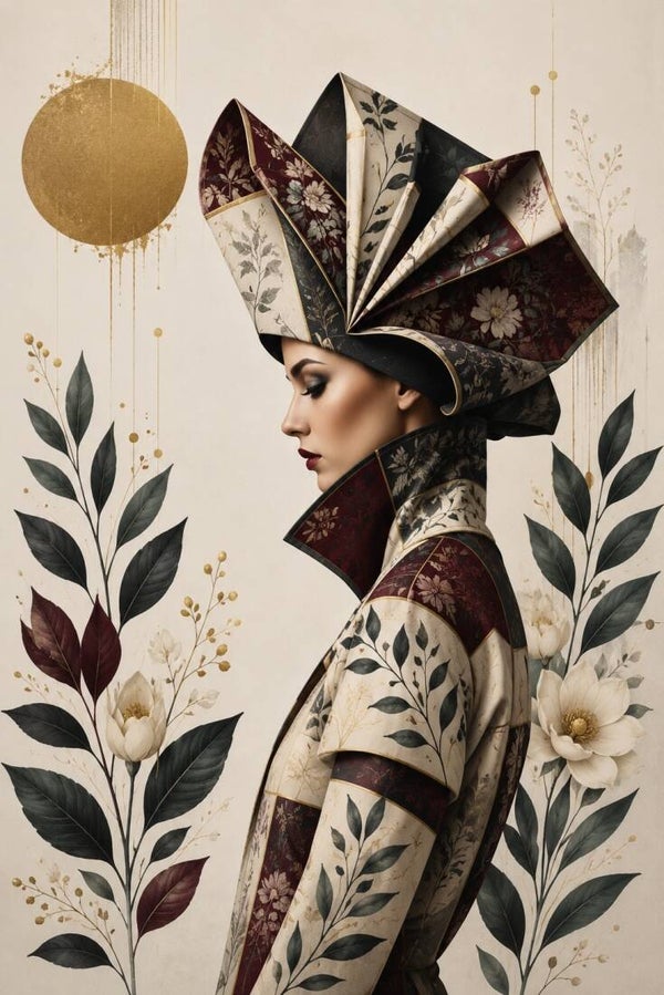 Flora Mystique – Nachtbladeren - botanisch stoer vrouw schilderij met bloemen en bladeren