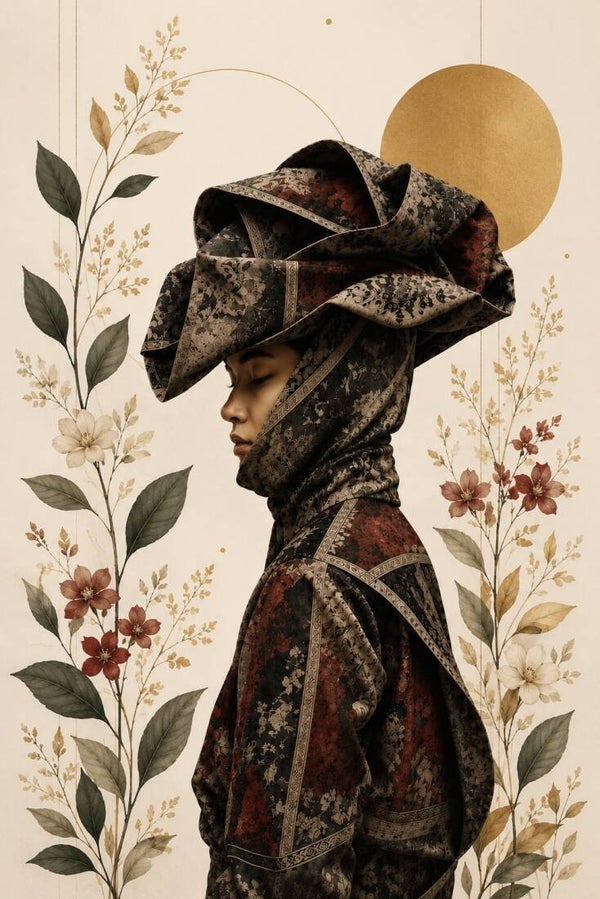 Flora Mystique - Nachtbloem Wachter - botanisch vrouw portret met bloemenornamenten