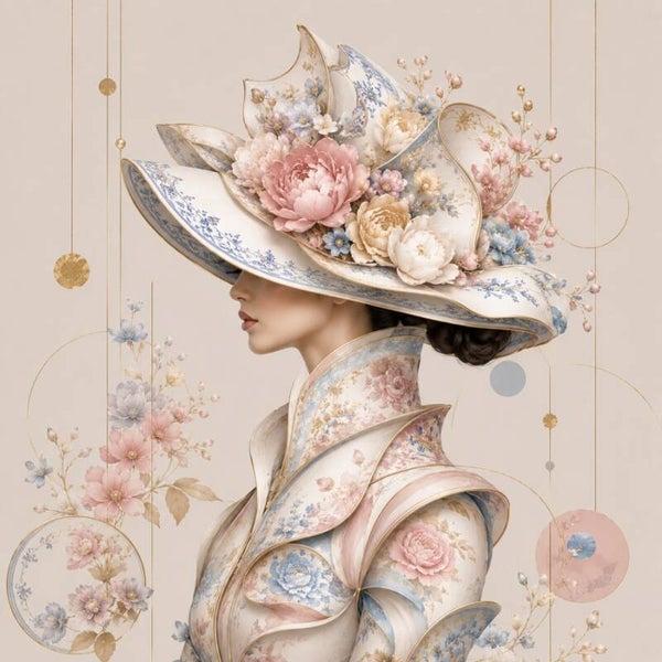 Flora Mystique – Porcelain Bloom - botanisch stoer vrouw schilderij met bloemen