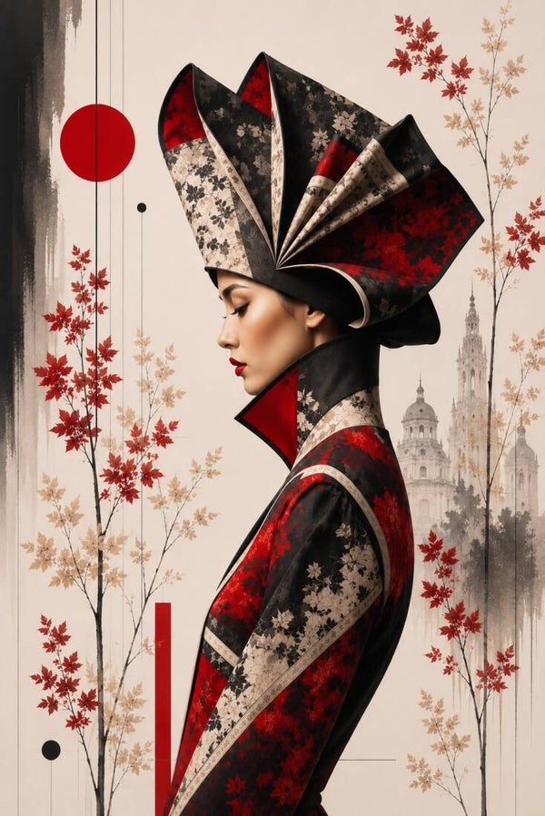 Flora Mystique - Crimson Reverie - botanisch vrouw portret met rode bladeren
