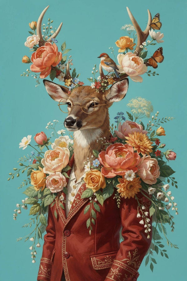 Floraal Geweimoment – Hert schilderij met bloemen en vintage sfeer