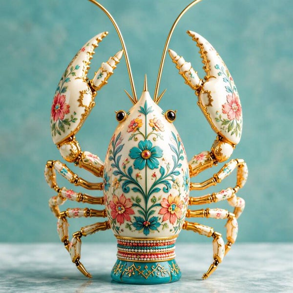 Florabelle Lobster – kleurrijke kreeft wanddecoratie met bloemen en goud