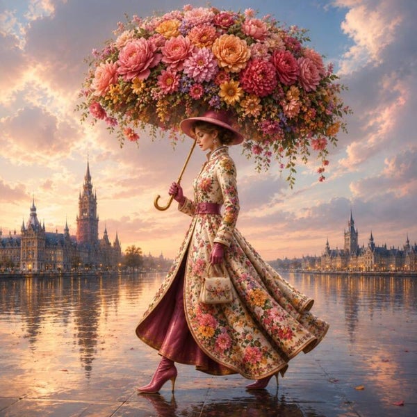 Floral Reverence – Romantisch schilderij met bloemenparaplu en elegante dame