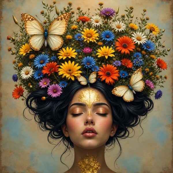 Floral Whimsy – bloemen schilderij met vlinders en dromerig portret
