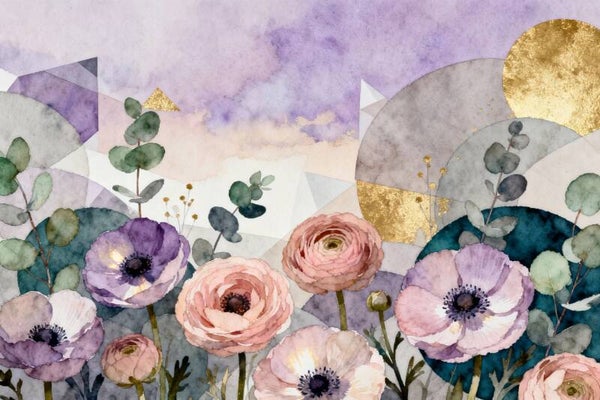 Florelune – bloemen schilderij met goudaccenten en aquarelstructuur