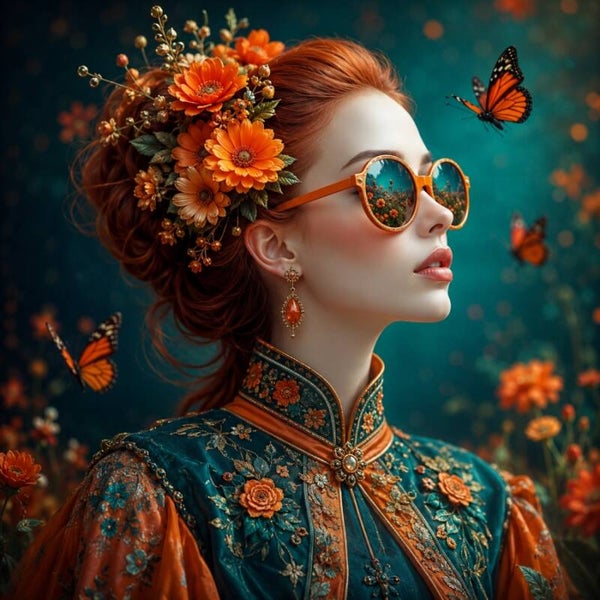 Flower Queen – vrouw schilderij met bloemen en vlinders