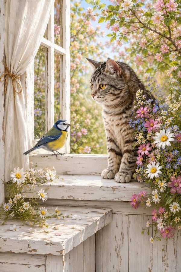 Fluistervriendjes bij het Raam – landelijk katten schilderij vogel bloemen