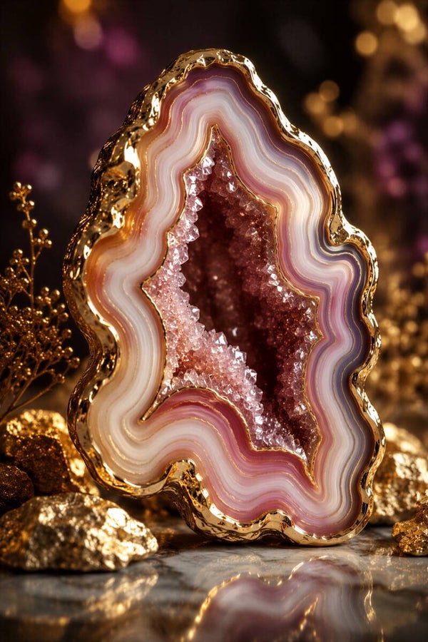 Roze Kristalvlam – agaat geode schilderij met goud