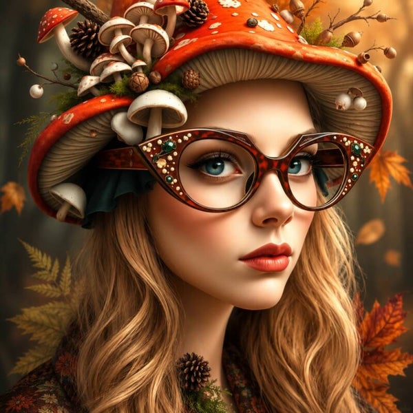 Forest Queen – Schilderij vrouw met bril en paddenstoelenhoed