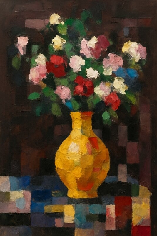 Fragmented Bloom – abstract schilderij met bloemenvaas en kleurvlakken