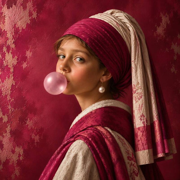 Frambozen Parelpop – Meisje met de Parel schilderij met roze kauwgombel