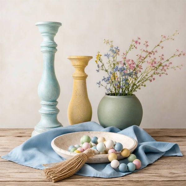 Zachte Harmonie – stilleven kaarsen bloemen schaal pastel kleuren landelijk schilderij