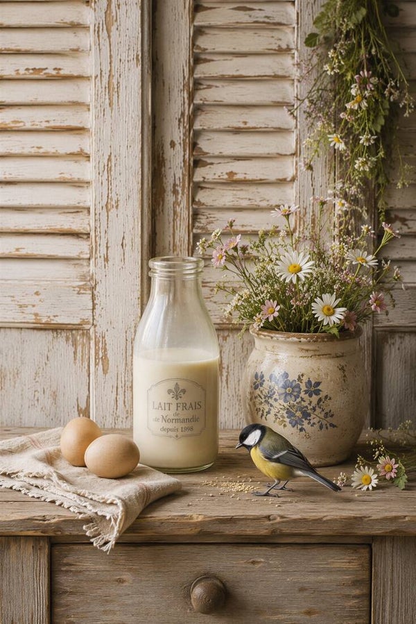 Frisse Ochtend – landelijk schilderij vogel melk bloemen