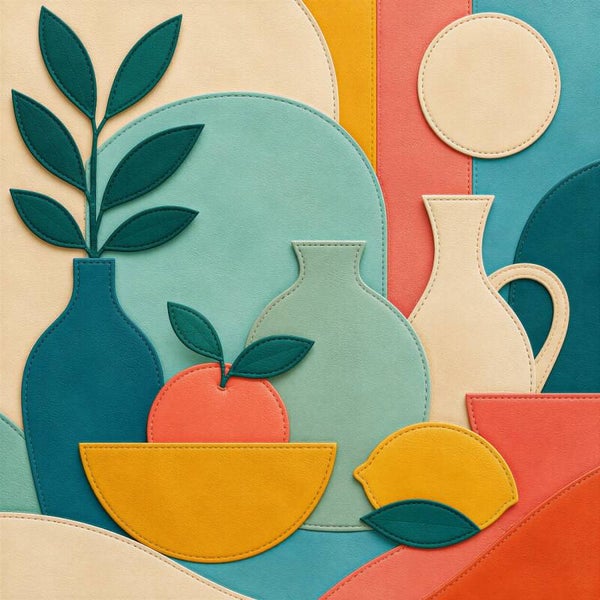 Frisse Tafelvormen – abstract schilderij met fruit, vazen en kleurrijke leerdetails