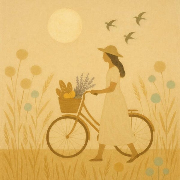 Schilderij keuken – vrouw met fiets en mand vol brood en fruit