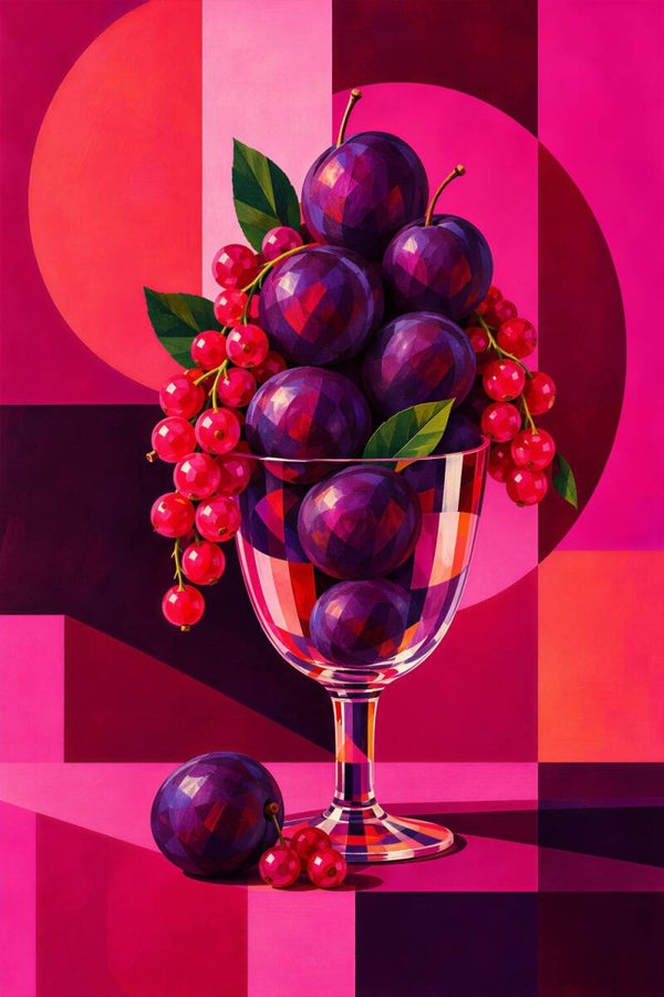 Berry Fusion – kleurrijk fruit schilderij met pruimen en rode bessen