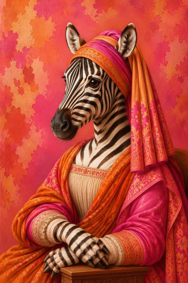 Fuchsia Mona Zebra – zebra schilderij in roze en oranje met klassieke uitstraling