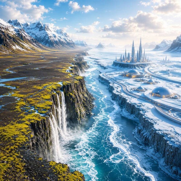 Glacial Horizon - Futuristisch IJsland Schilderij met Sci-Fi Stad en Watervallen