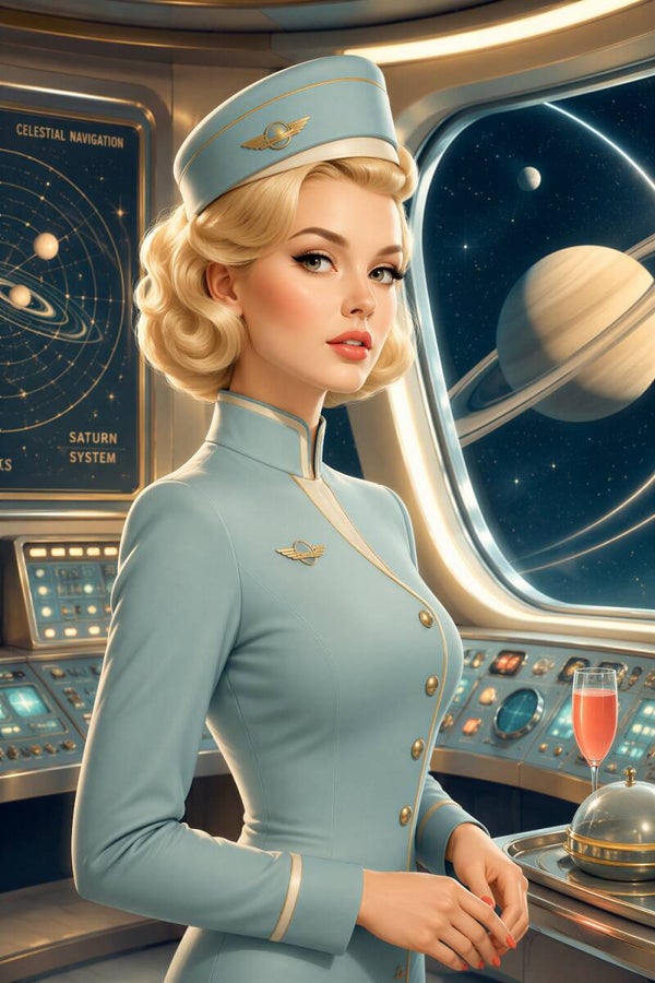 Retro Saturn Stewardess Muse – vintage sci-fi schilderij stewardess in raket bij Saturnus