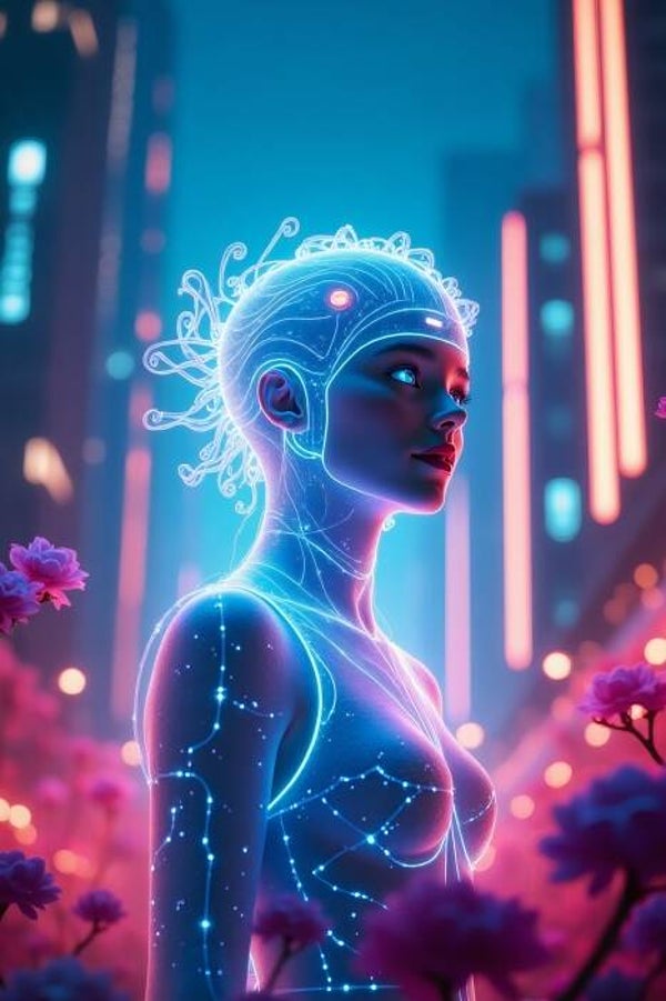 Bloom Circuit – Futuristisch Vrouwenportret met Neonbloesem