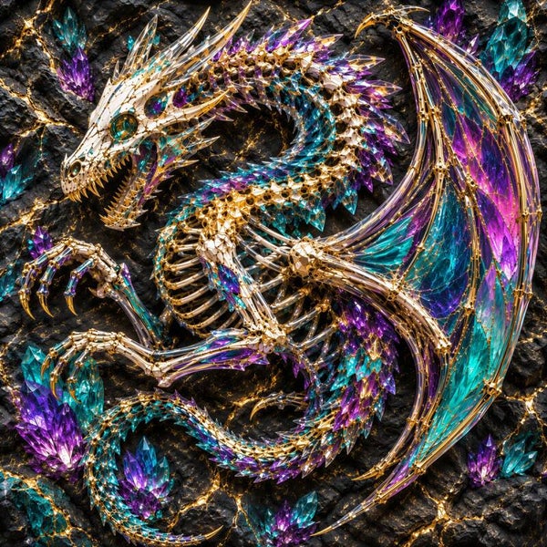 Crystal Wyrm – Cyber Draak Skelet Schilderij Turquoise Paars en Goud