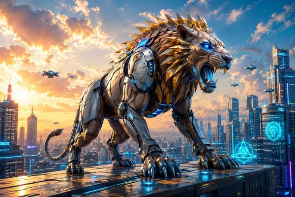 Titan Roar – futuristische robotleeuw in wereldstad schilderij