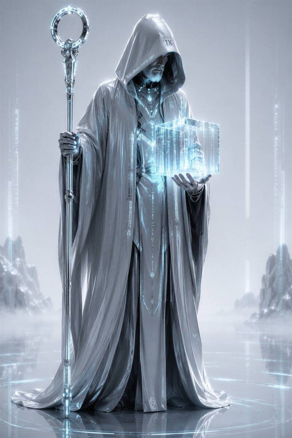 De Bewaker van Morgen – futuristische magiër schilderij met hologram