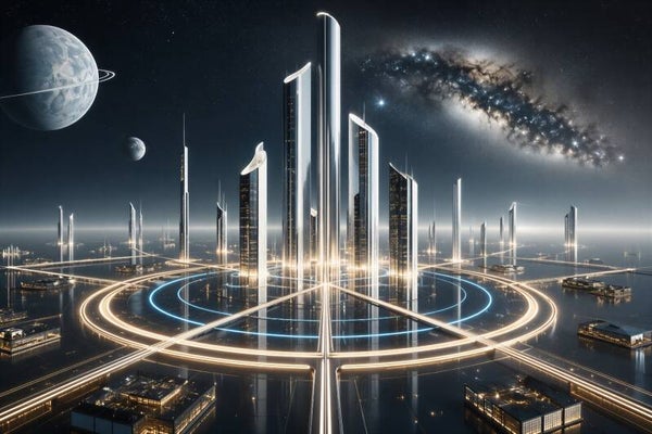 Lunar Axis – zilveren futuristische stad in het heelal schilderij