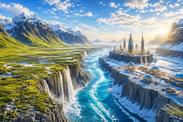 Between Two Worlds – futuristische stad tussen zomer en winter schilderij