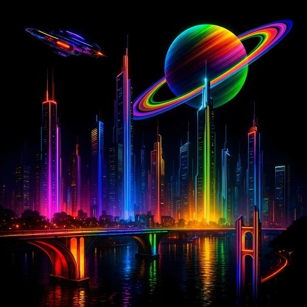Futuristische stad met planeet en neonkleuren wanddecoratie