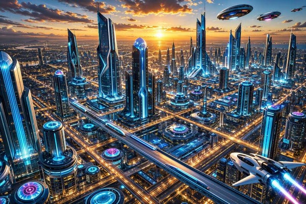 Solar Transit – futuristische wereldstad bij zonsondergang schilderij