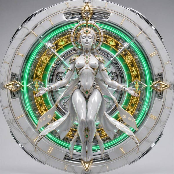 Chronos Oracle – futuristische vrouw voor kosmische klok schilderij