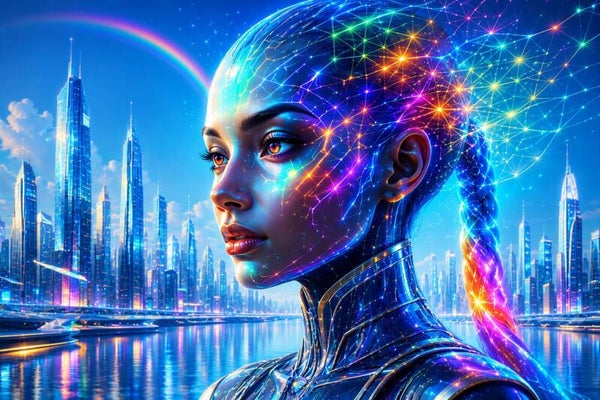 Prismatic Mind – kleurrijke futuristische vrouw en stad schilderij