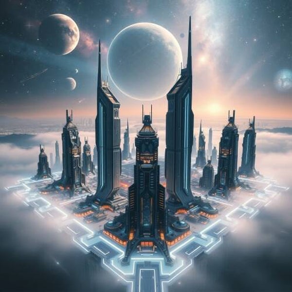 Cloud Citadel – Futuristische Stad boven de Wolken met Planetenhemel