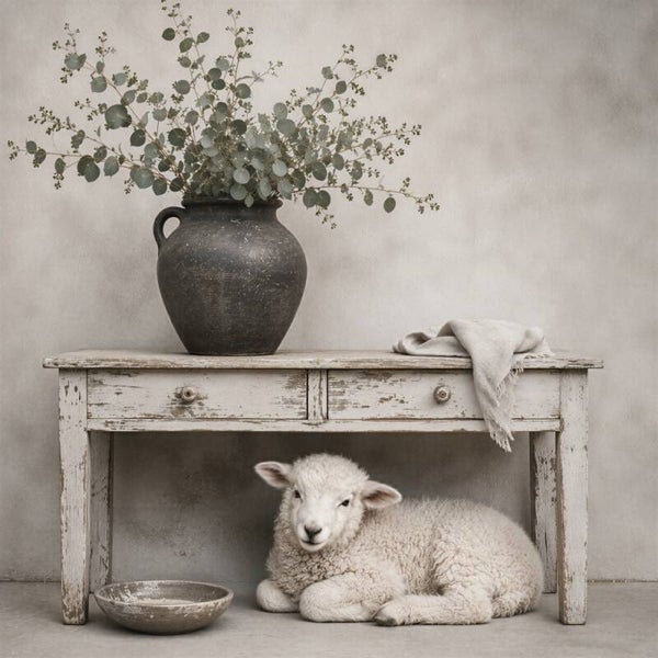 Geborgen Rust – schilderij met lam onder landelijke sidetable