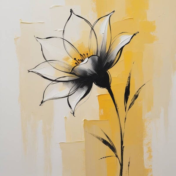 Zonnestem – geel bloem schilderij met abstracte penseelstreken