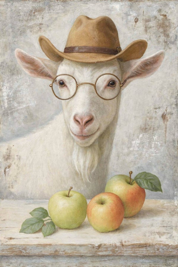 De Zachte Toeschouwer – geit schilderij landelijk, dieren schilderij met bril en hoed