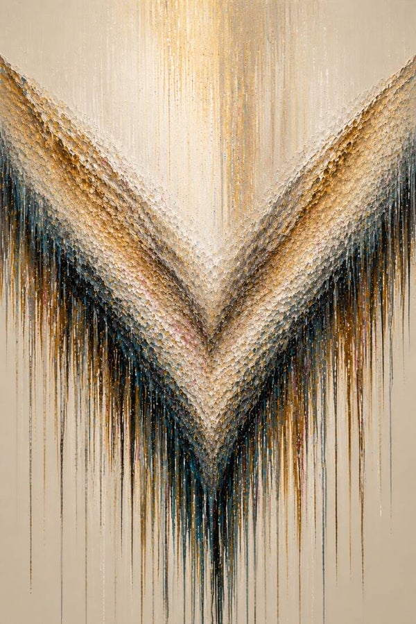 Gelaagde Rust – abstract schilderij in goud, crème en diepblauw